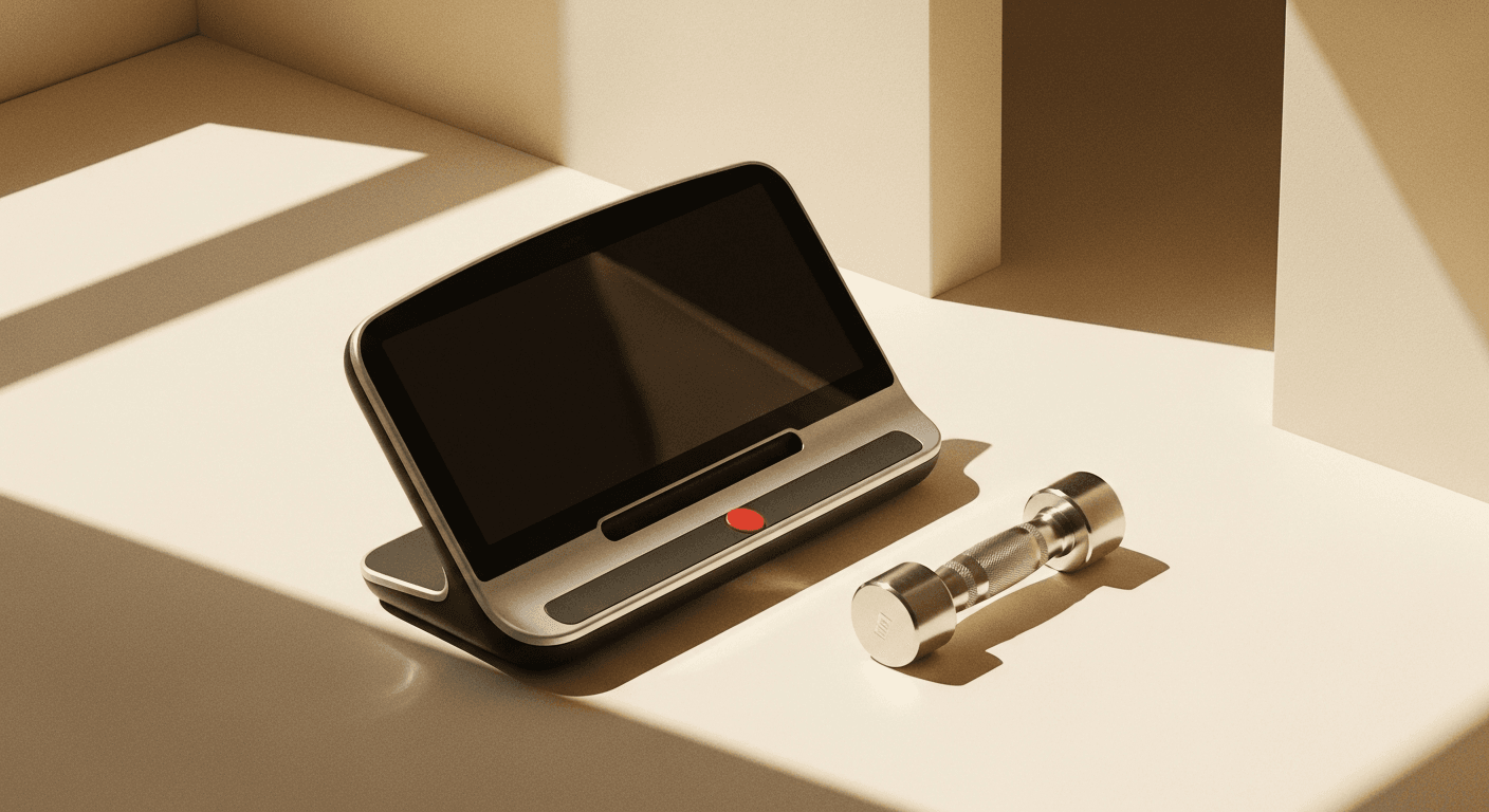 Smart treadmill console and connected dumbbell on warm cream surface in soft golden light.
