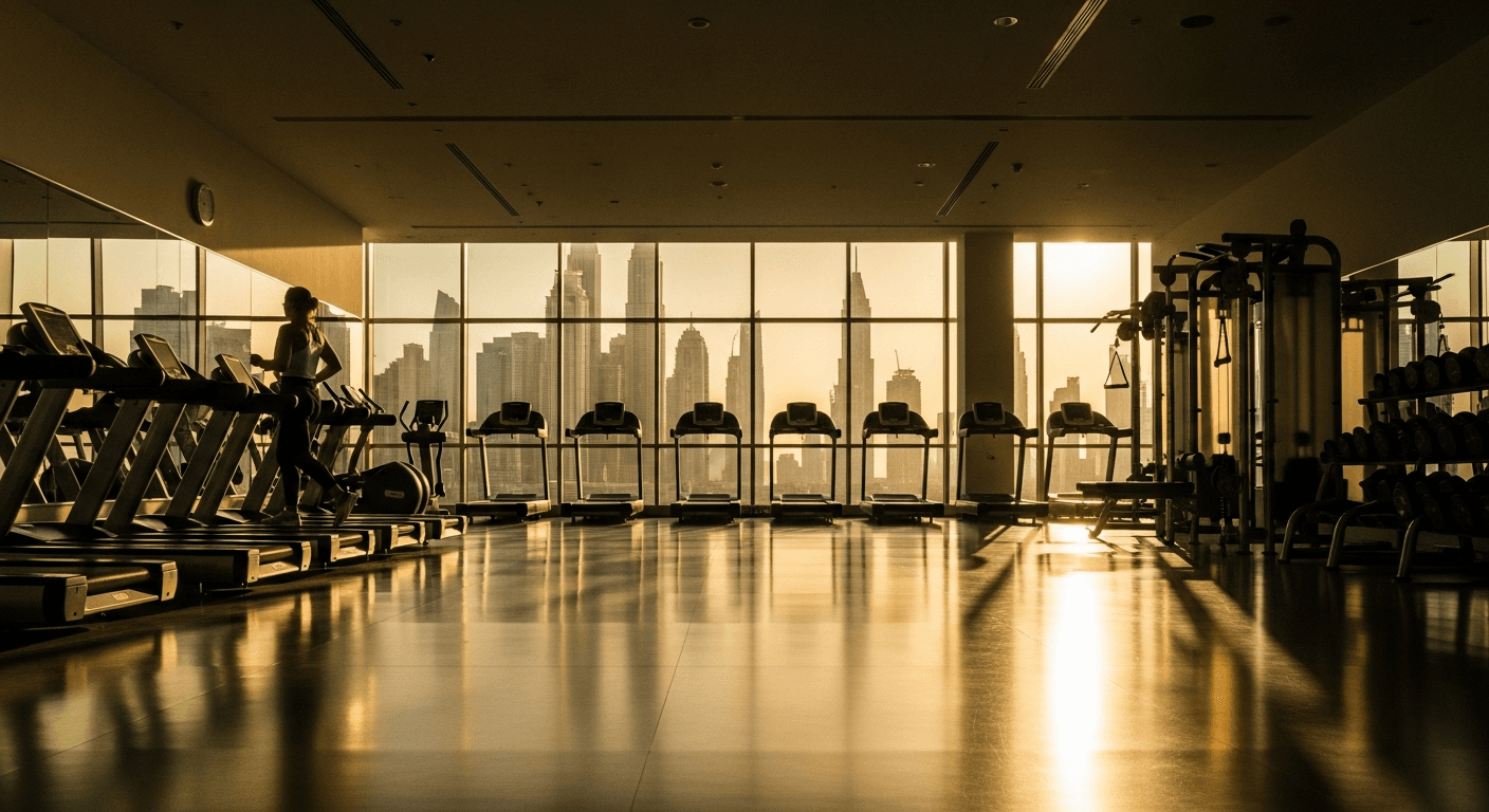 A person runs on a treadmill in a modern gym with the Dubai skyline visible through floor-to-ceiling windows.