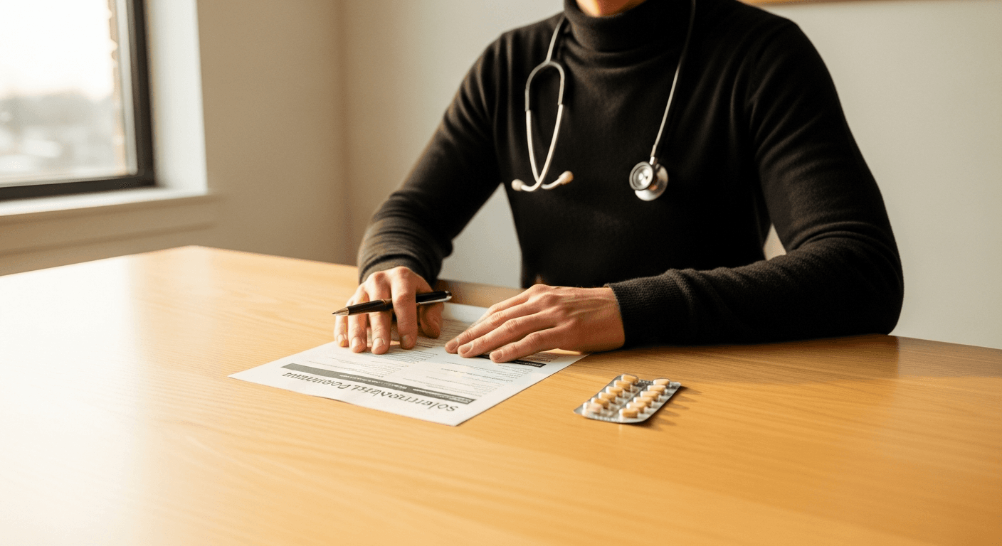 Confident coach seated at desk with client programming documents and pharmaceutical blister pack in soft natural light.