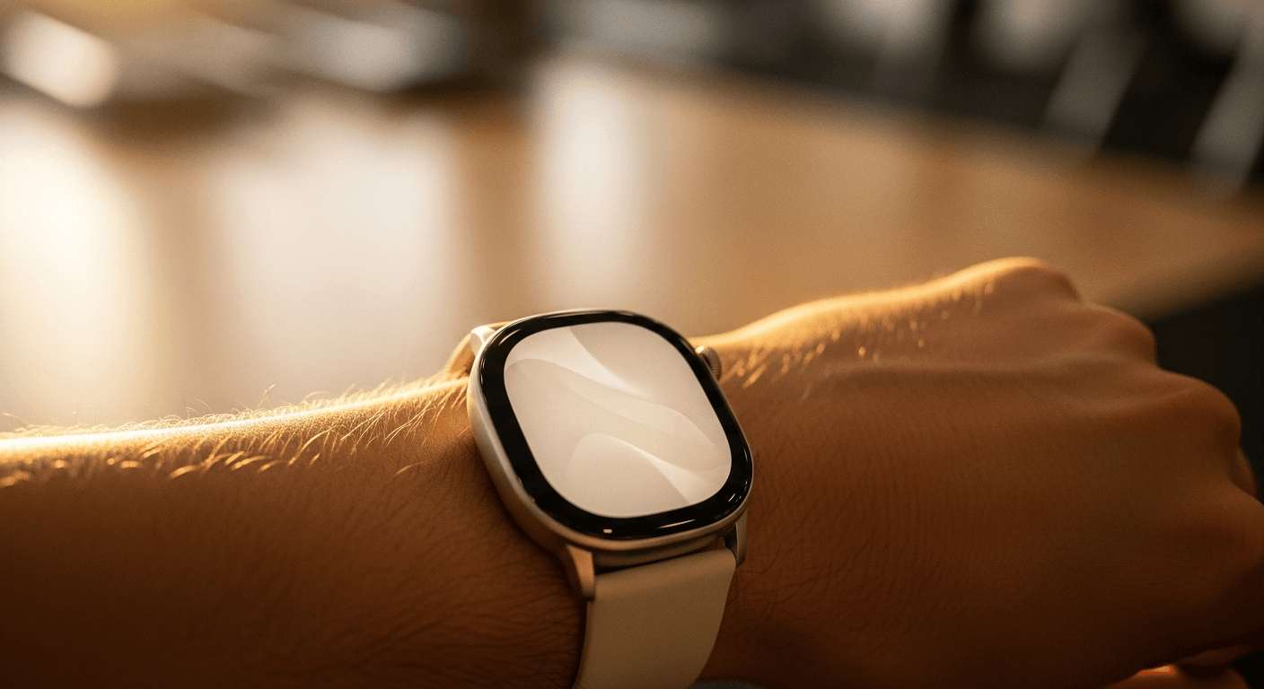 Close-up of a smartwatch on a coach's wrist in a gym environment with warm golden lighting.