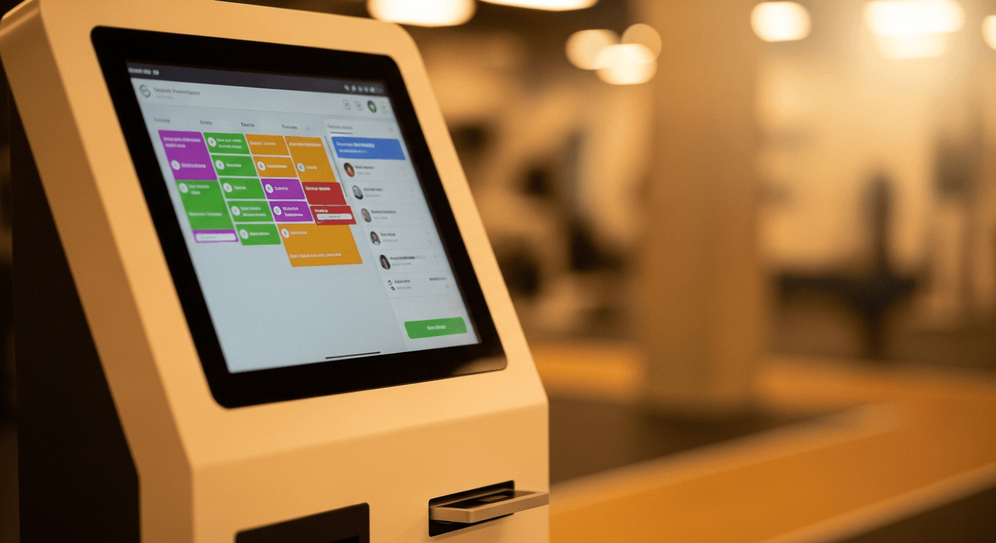 Close-up of a sleek gym check-in kiosk bathed in warm golden light with blurred gym floor background.