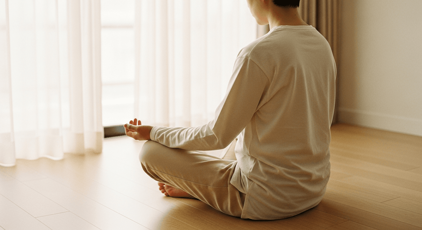 A person seated in meditation by a window, bathed in soft golden morning light.