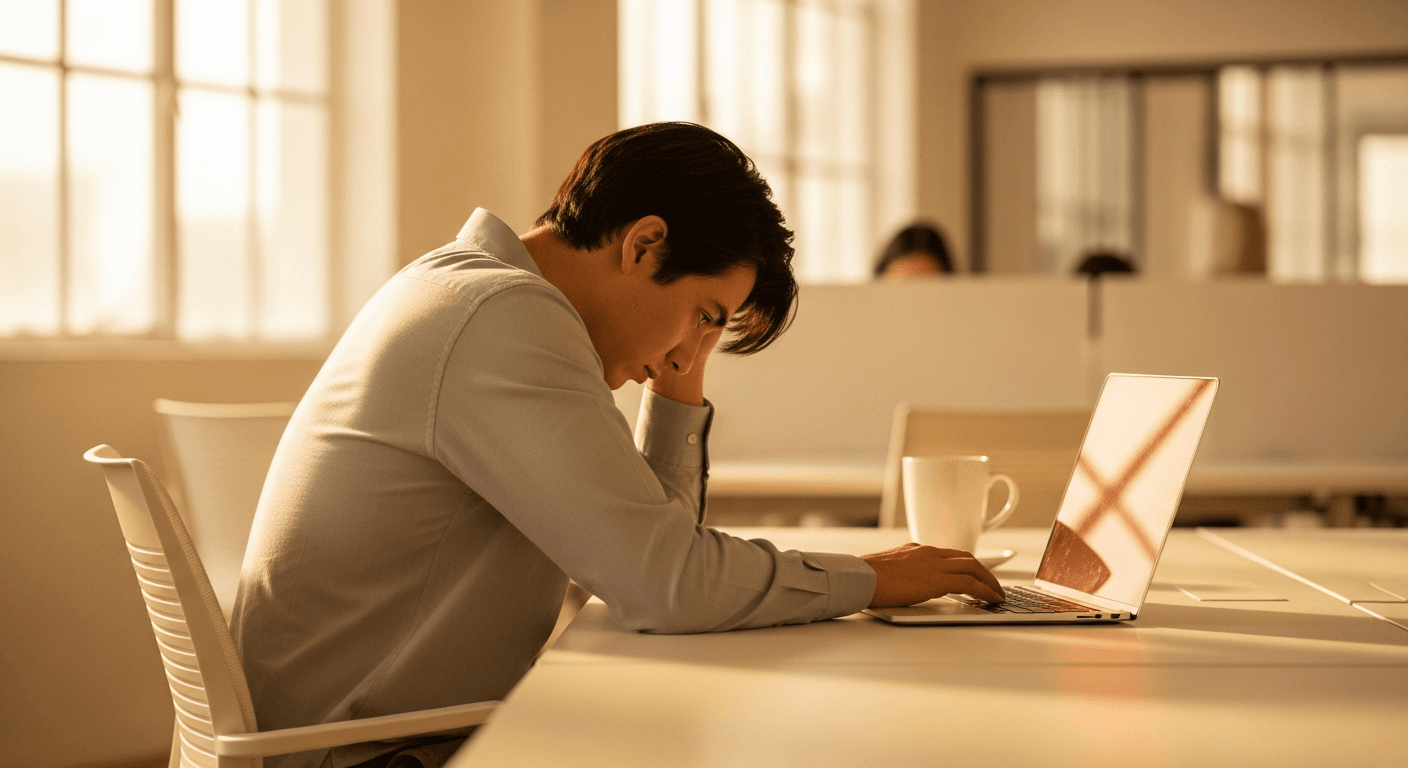 Exhausted employee sitting alone at desk with slumped shoulders in empty office, bathed in warm golden light.
