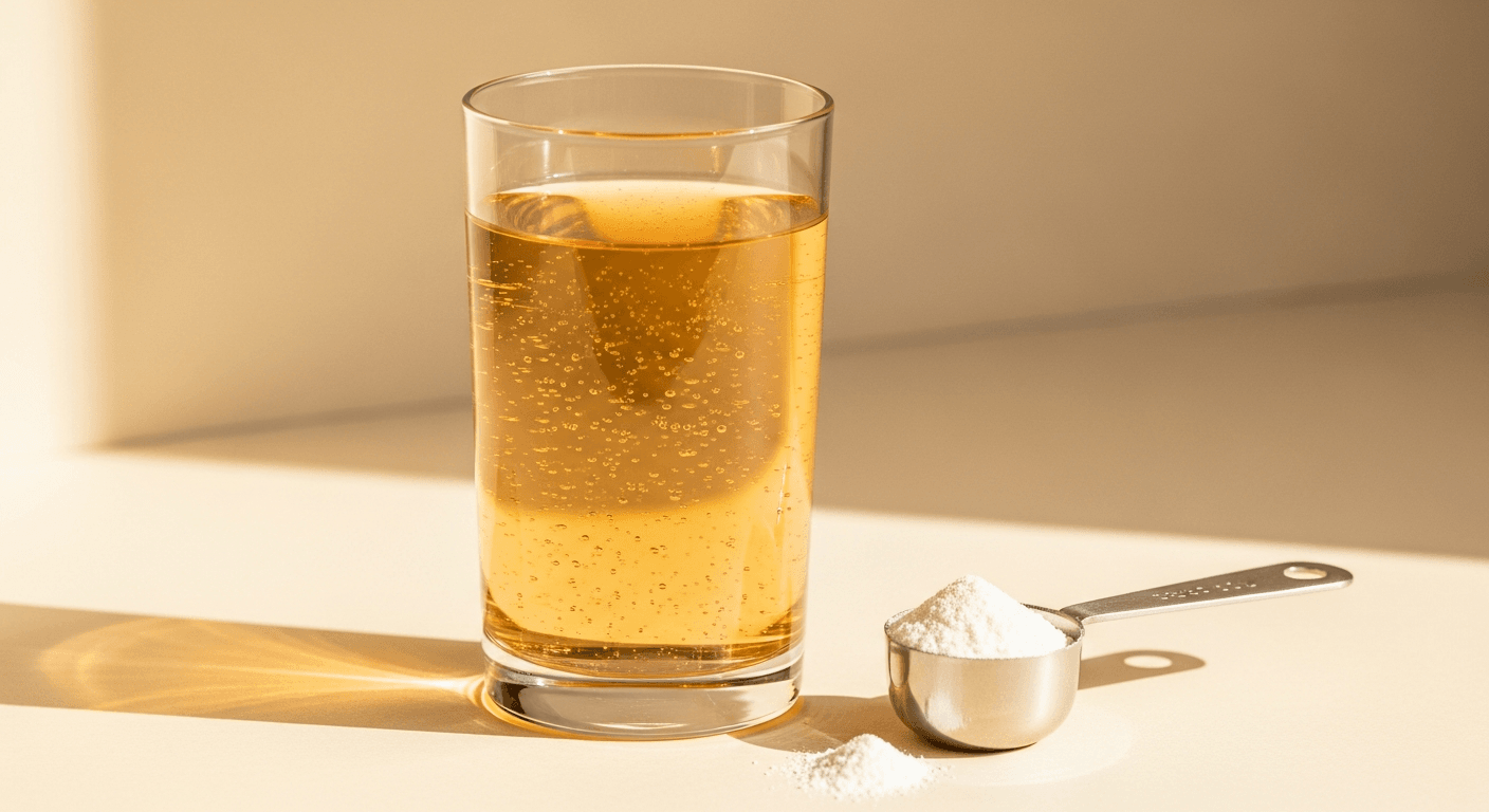 Clear glass of golden protein drink with measuring scoop and powder on a warm cream surface.