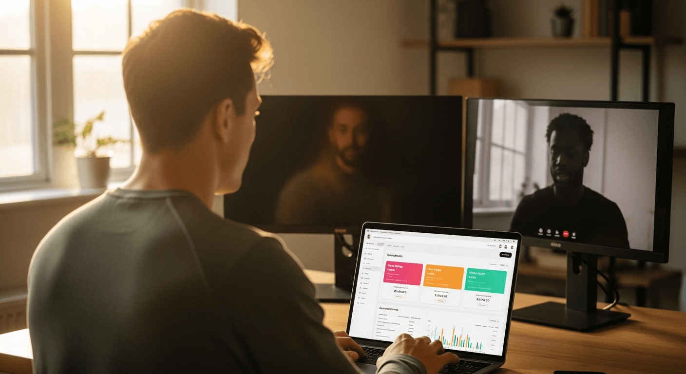 A fitness coach at a desk reviews a tiered pricing dashboard on screen in warm golden morning light.