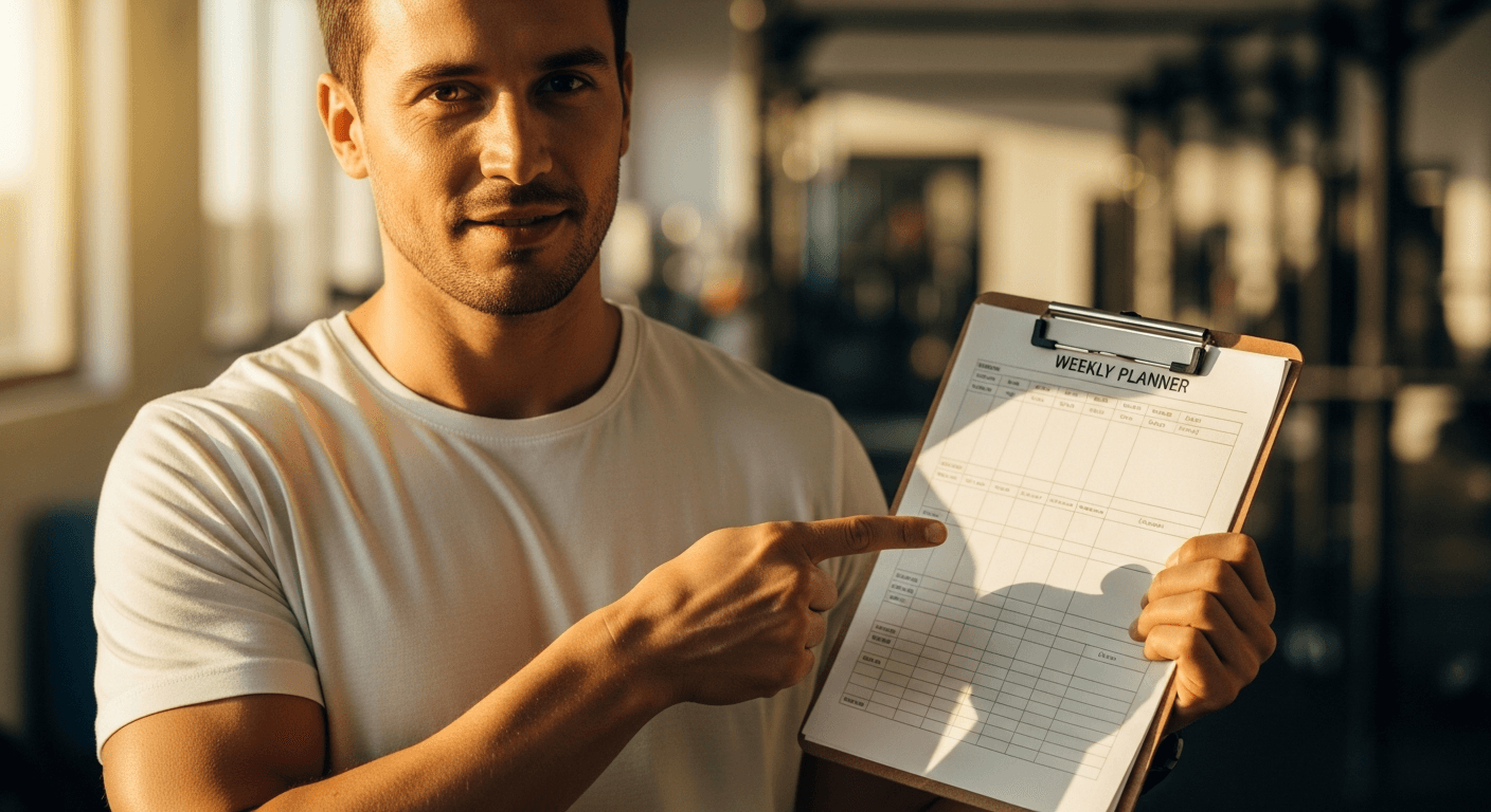 Confident coach pointing at a weekly fitness plan on clipboard in a sunlit gym.