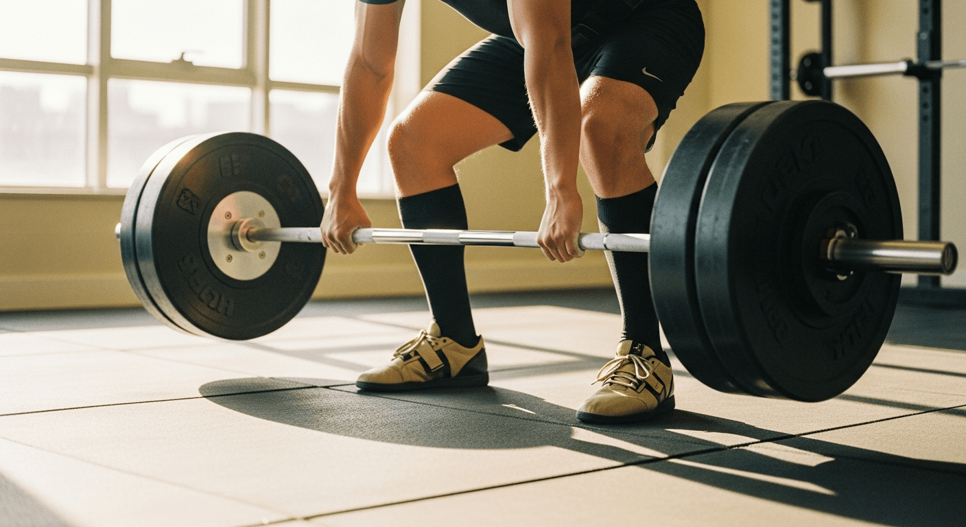 Male lifter performing a controlled deadlift with chalked hands and perfect form in warm natural light.