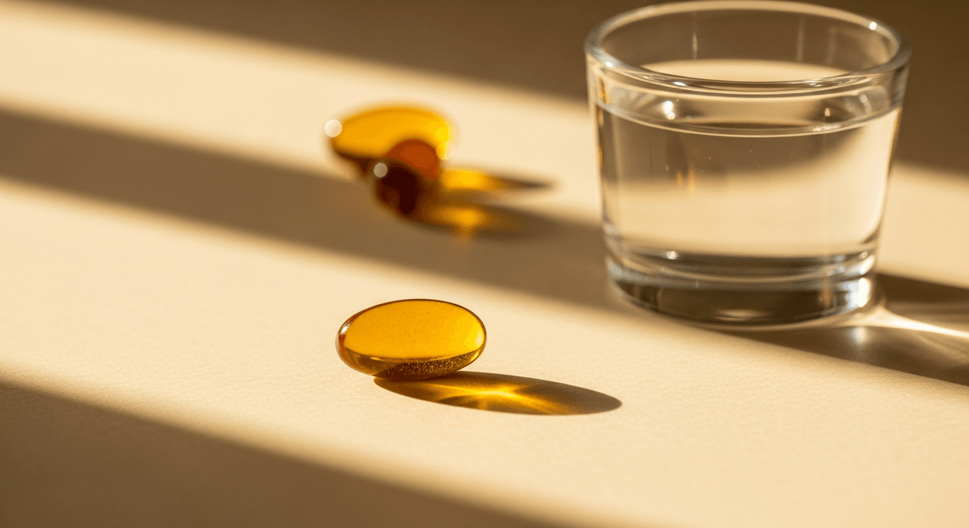 A translucent amber capsule rests on a cream surface next to a glass of water in warm golden light.