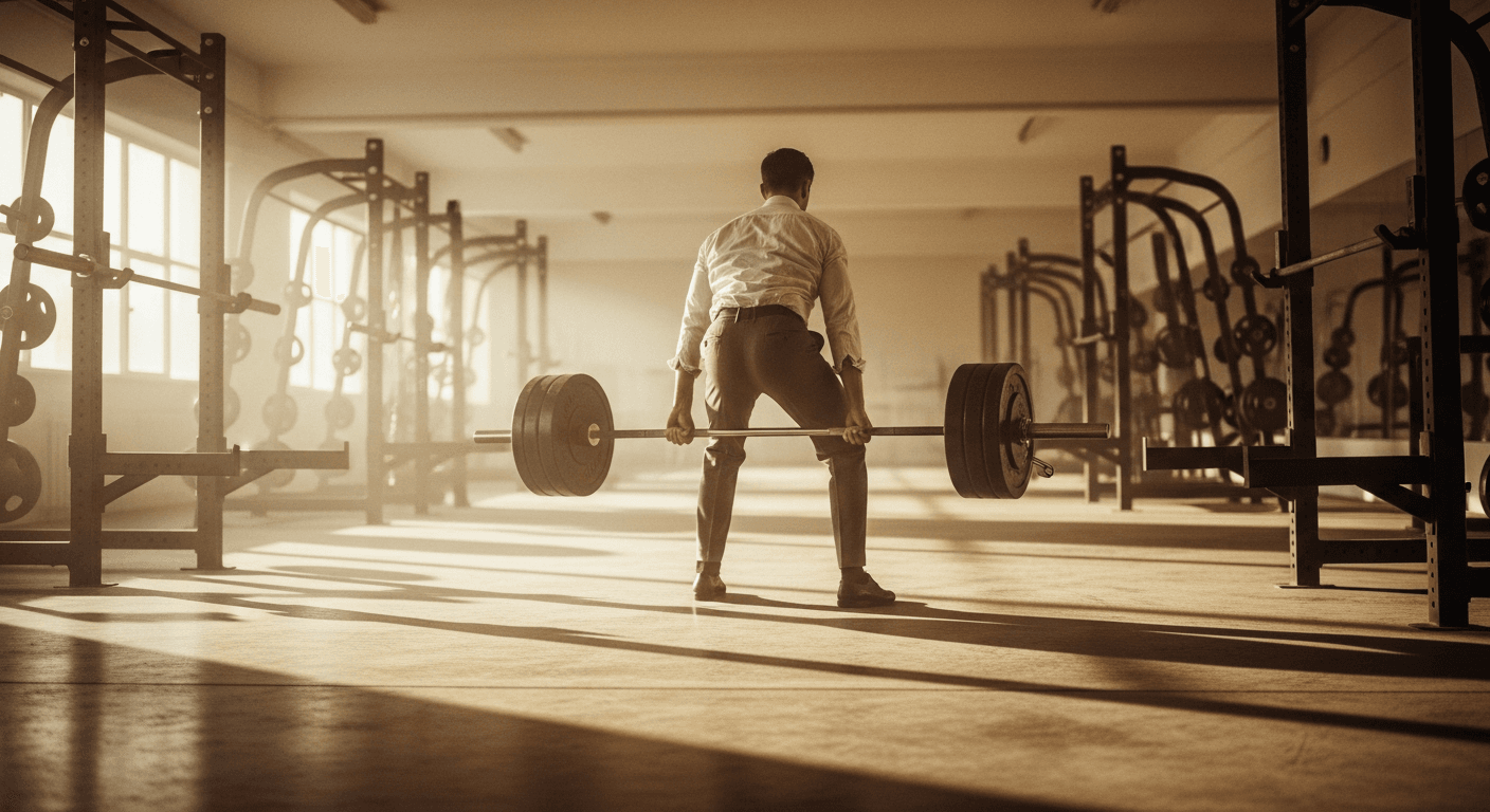 Man in rolled-up dress shirt deadlifts alone in an empty gym during an early Saturday morning session.