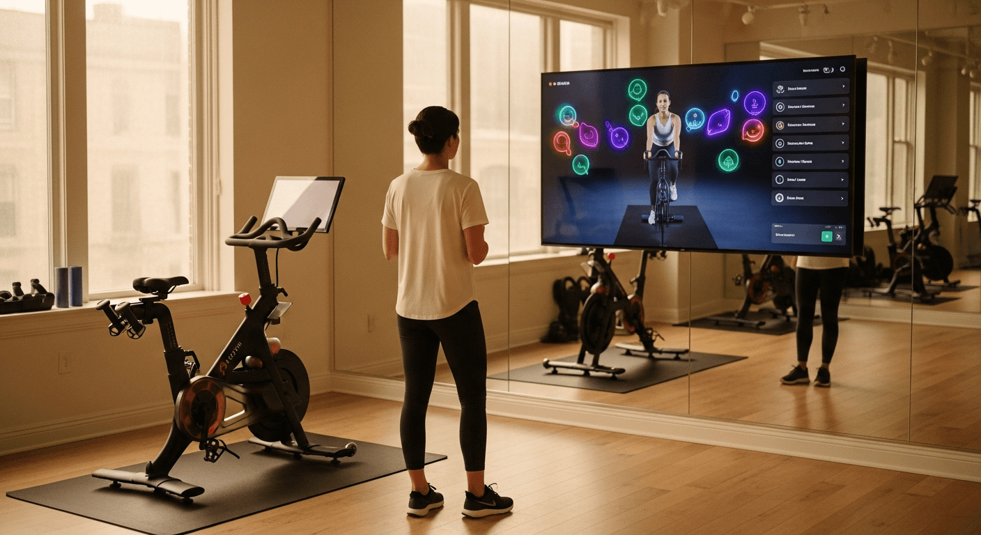A fitness studio operator watches a wall-mounted monitor displaying a live Peloton class in her boutique gym.