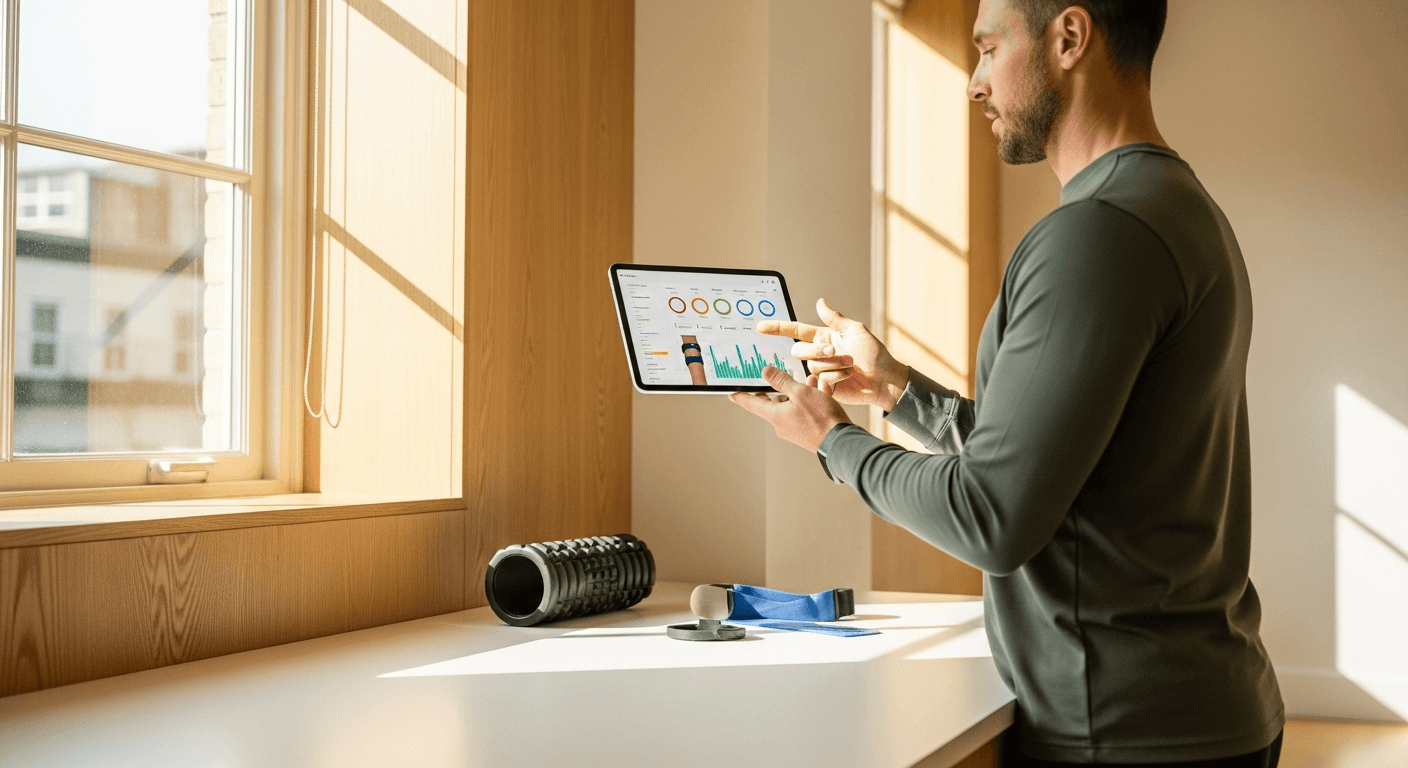 Fitness coach presenting wearable data on tablet in bright studio with natural light and warm tones.
