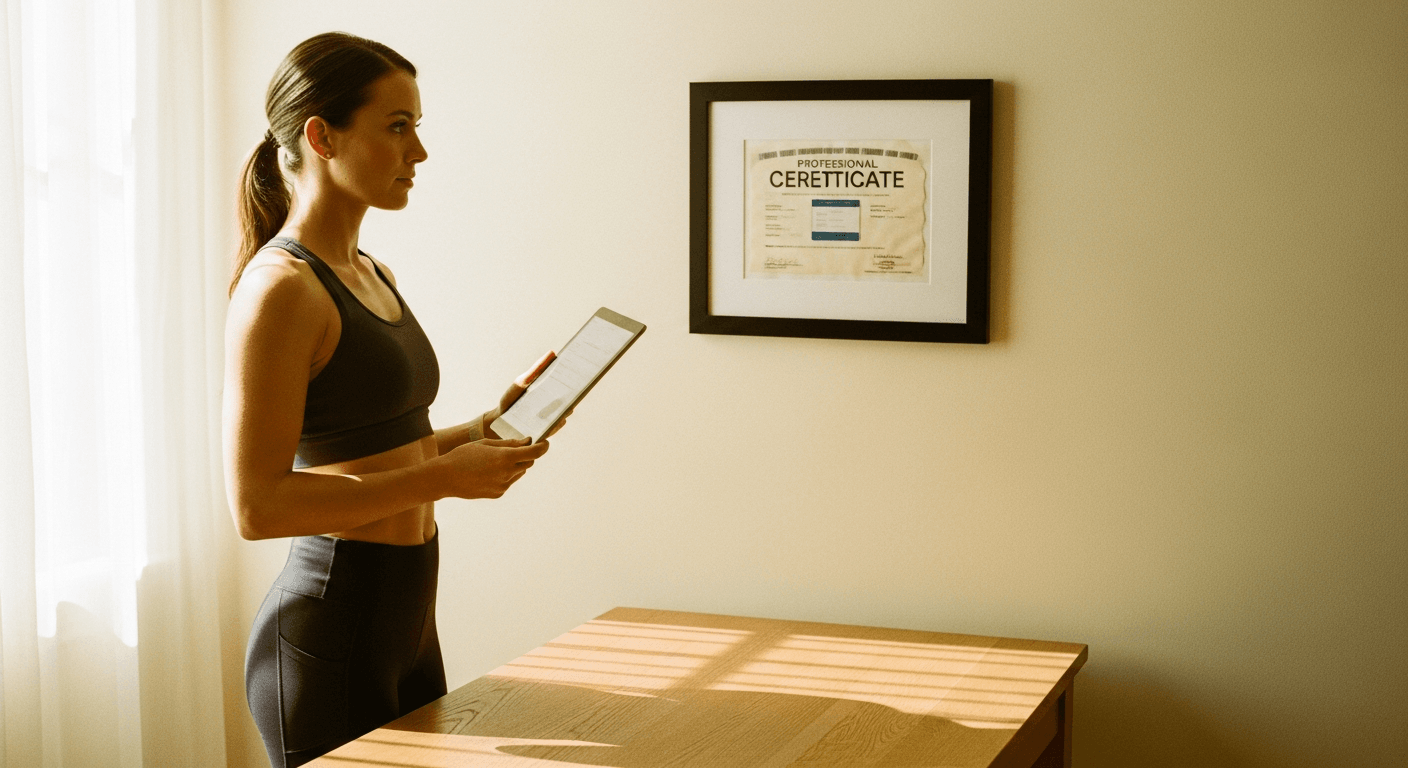 Confident female personal trainer at her desk reviewing a tablet in a warm, professional home office setting.