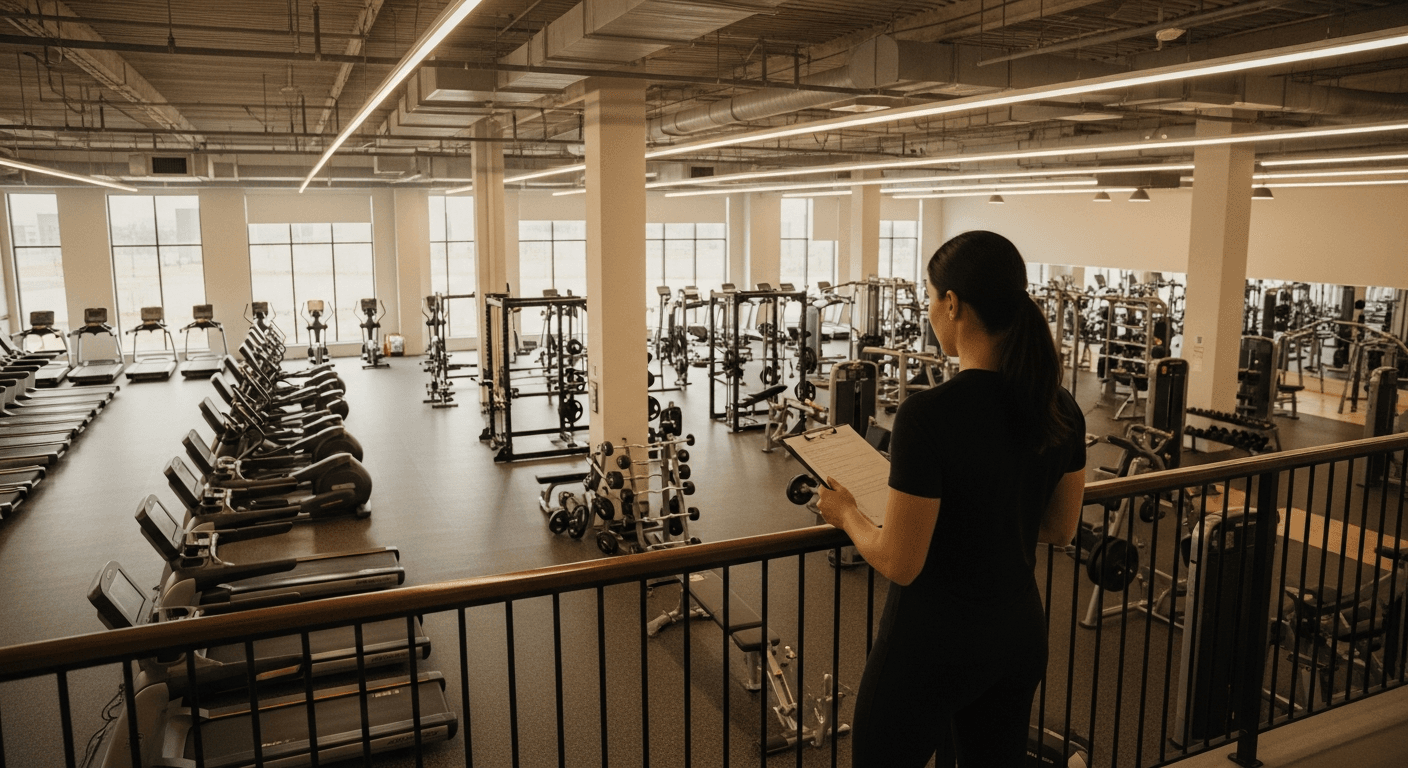 Gym manager overlooking three distinct equipment zones from an elevated mezzanine.