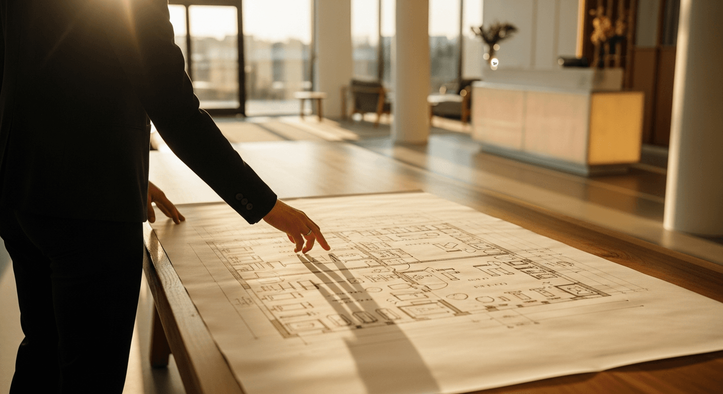 Gym operator reviewing a large architectural floor plan on a wooden table in warm golden afternoon light.