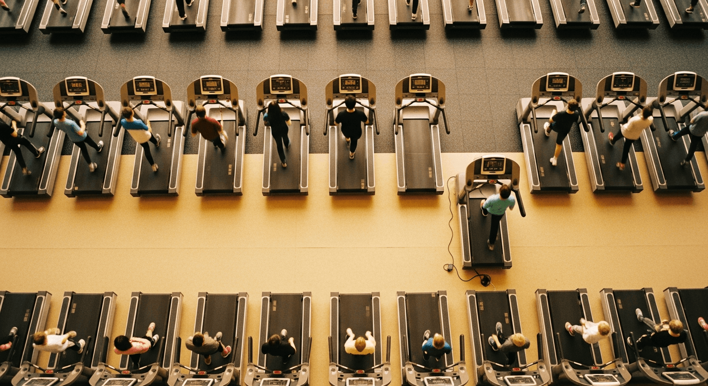 Overhead view of a gym floor with rows of active treadmills and one idle machine in the center.