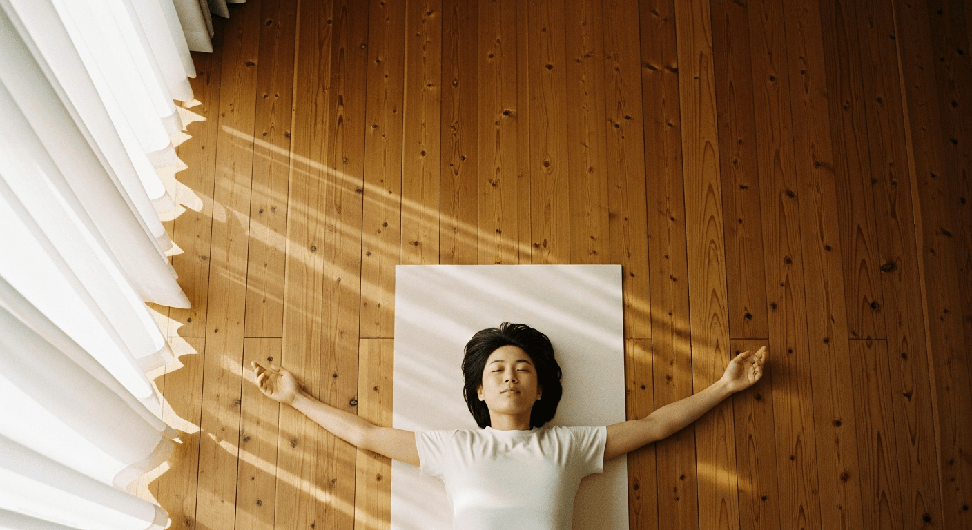 Person lying on yoga mat with arms at sides, shot from above in warm morning light on wooden floor.