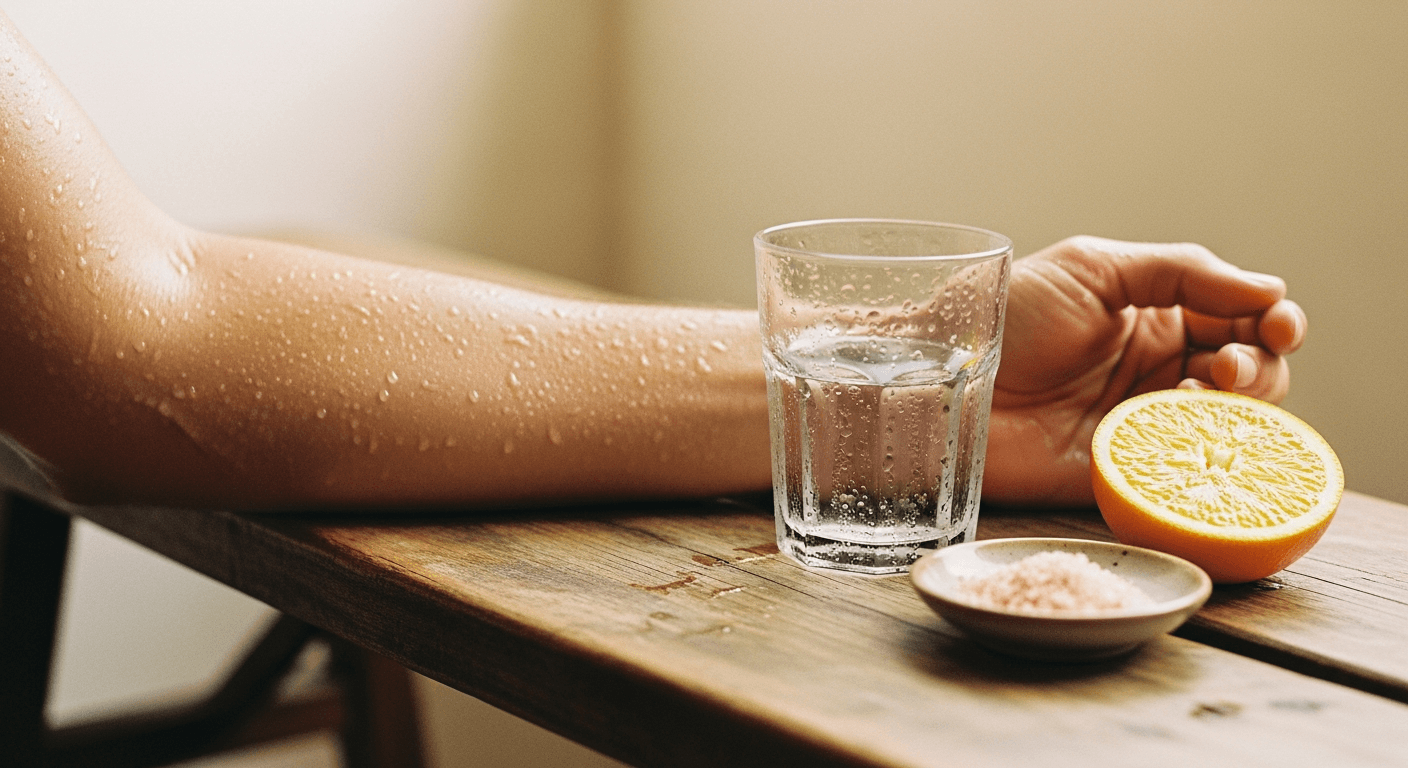 Sweaty athlete's arm beside a glass of water, pink salt crystals, and fresh orange on a wooden bench.