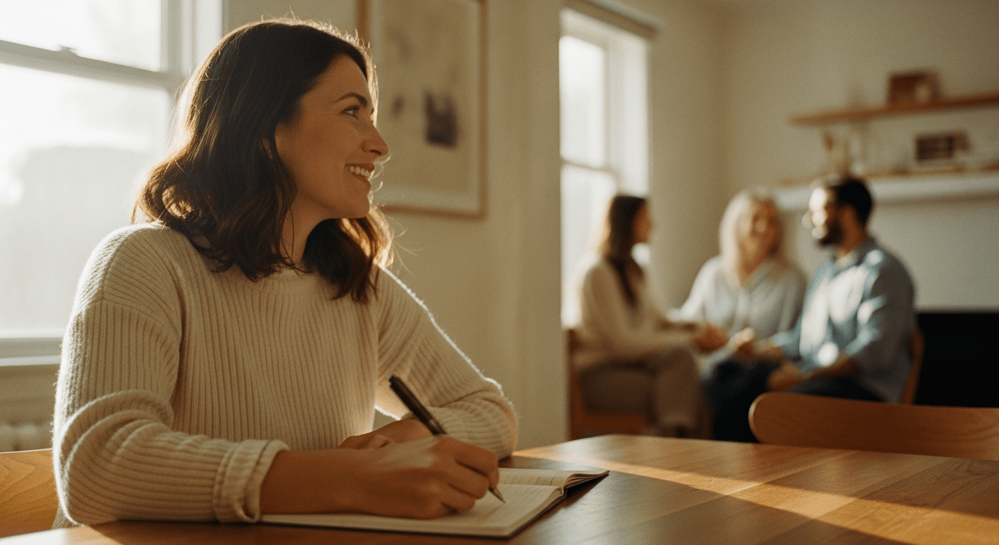 Woman writing at a table, warmly gazing toward colleagues conversing softly in the background.