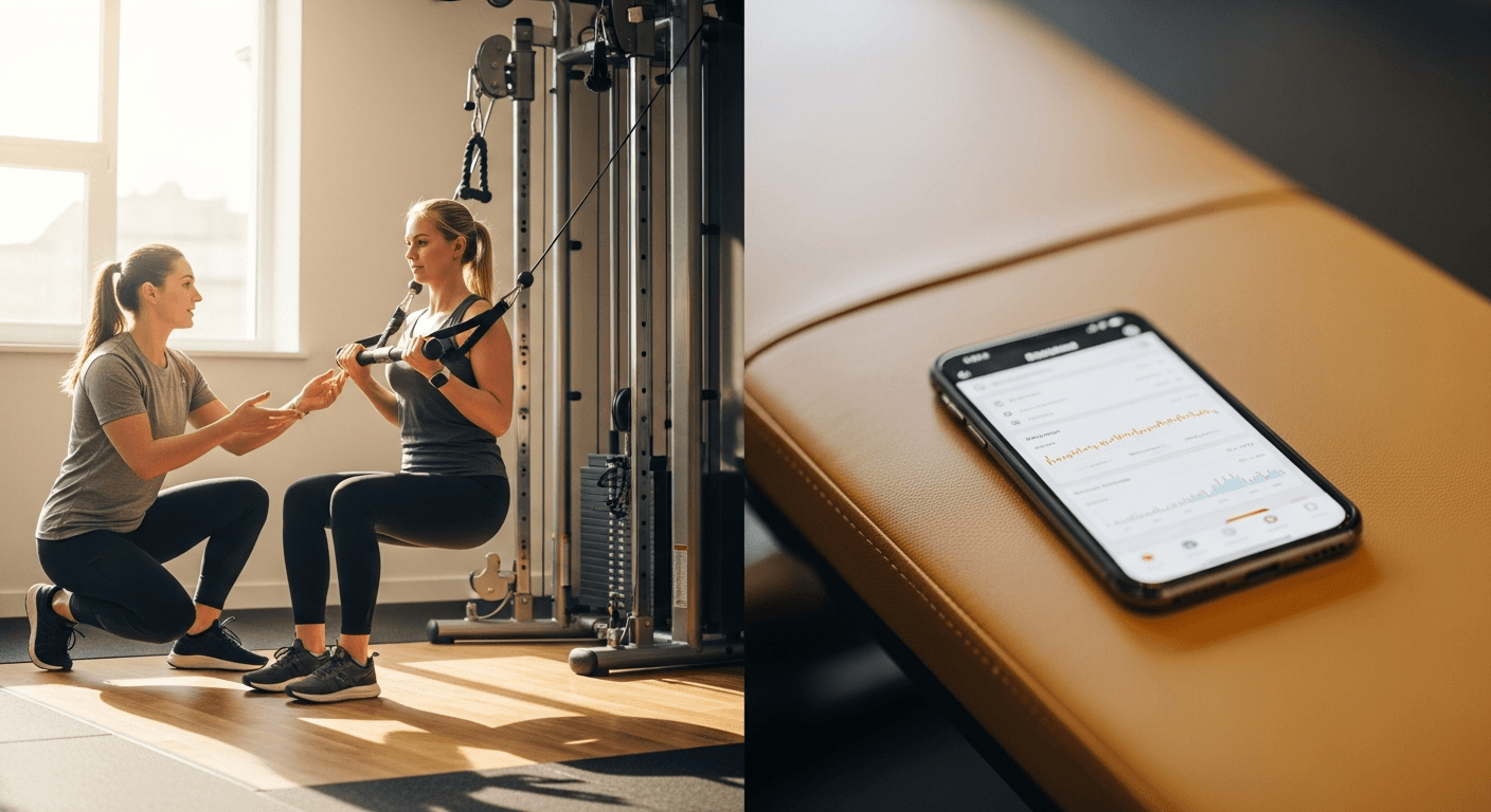 A personal trainer guides a client at a cable machine while a smartphone sits alone on a gym bench.