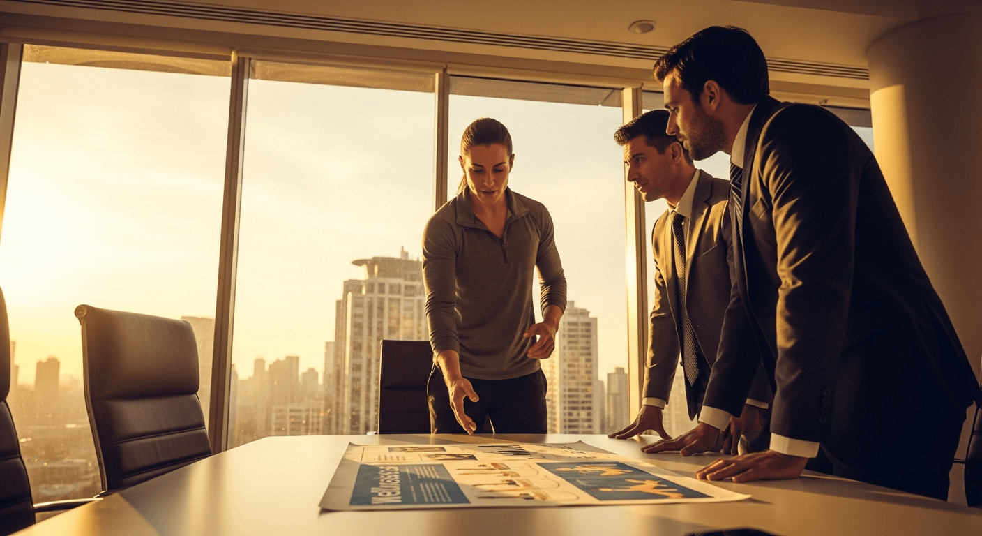 A fitness coach in athletic wear presents a wellness program to two business executives in a modern glass boardroom lit by warm golden light.