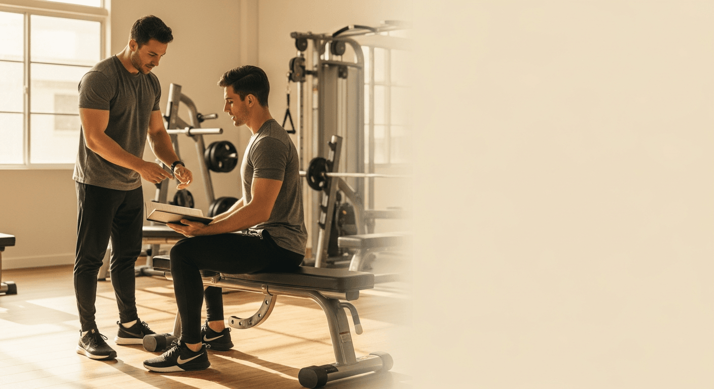 A personal trainer reviews a workout program with a seated client at a weight bench in warm golden light.