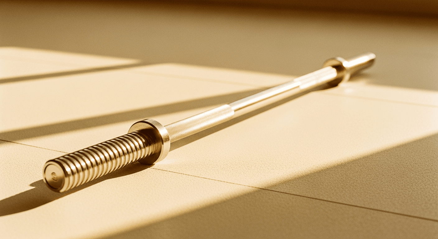 A bare steel barbell rests alone on a gym floor, bathed in warm golden light.