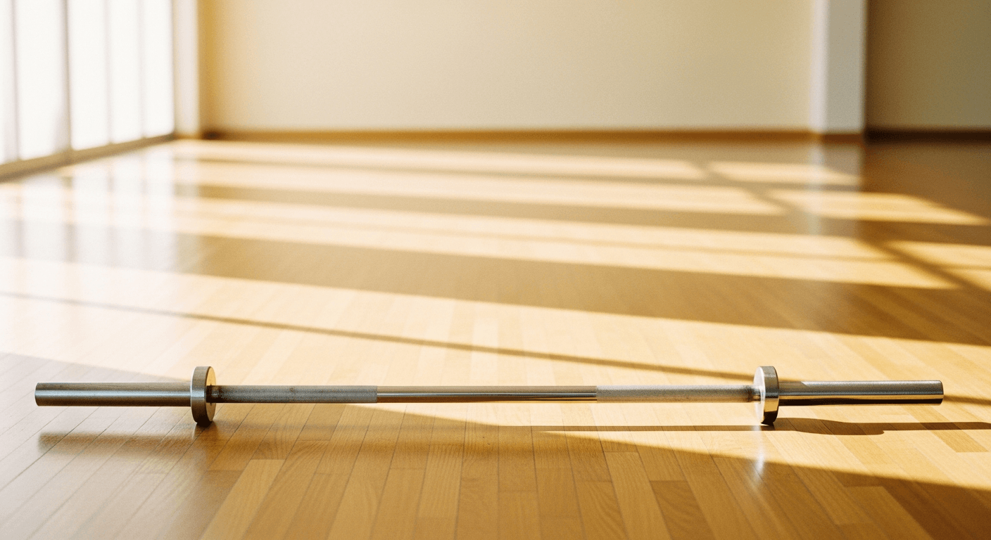 A steel barbell rests on warm hardwood flooring, bathed in soft morning light from a nearby window.