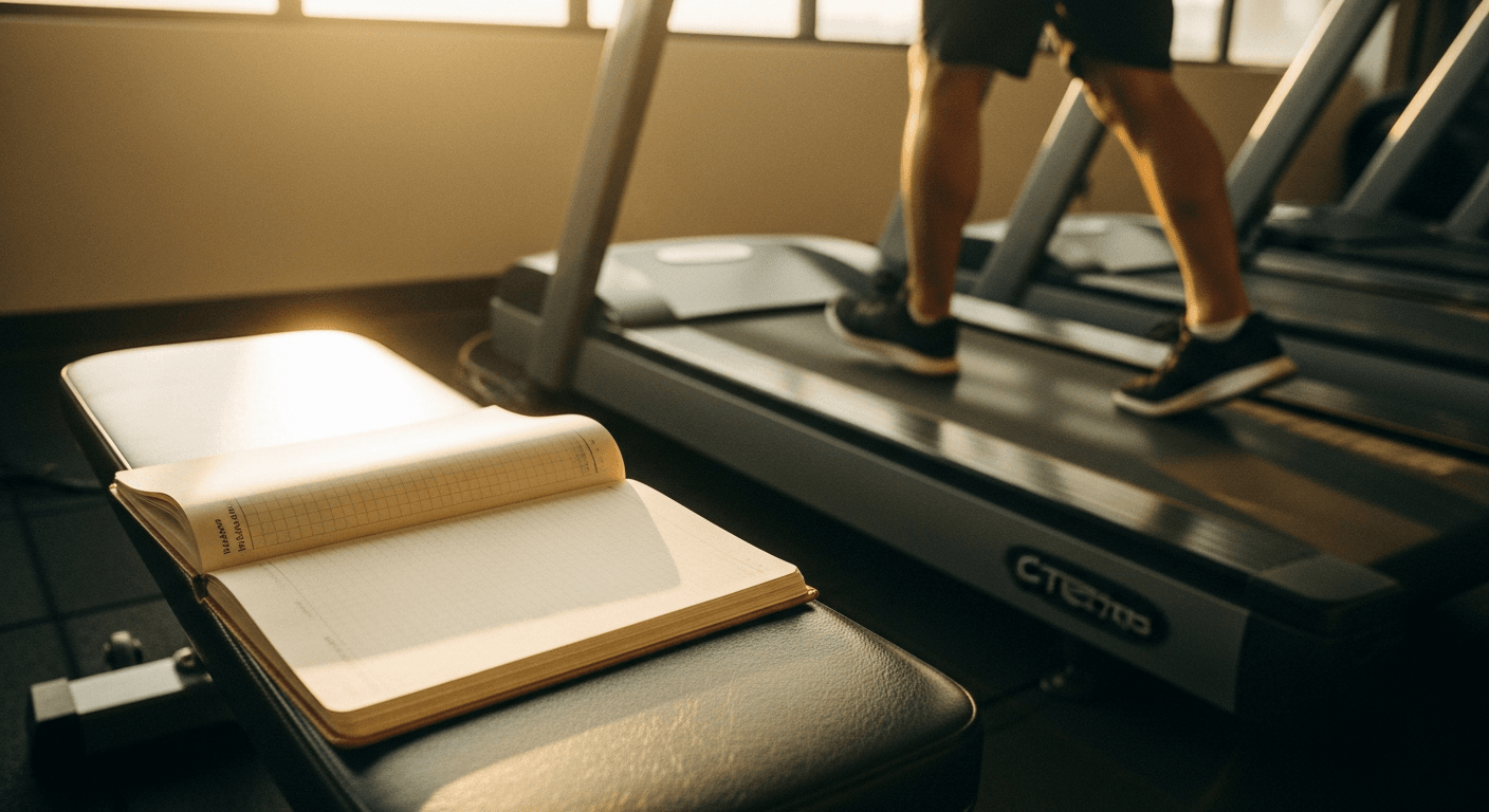 An open planner notebook on a gym bench beside a person running on a treadmill in golden light.