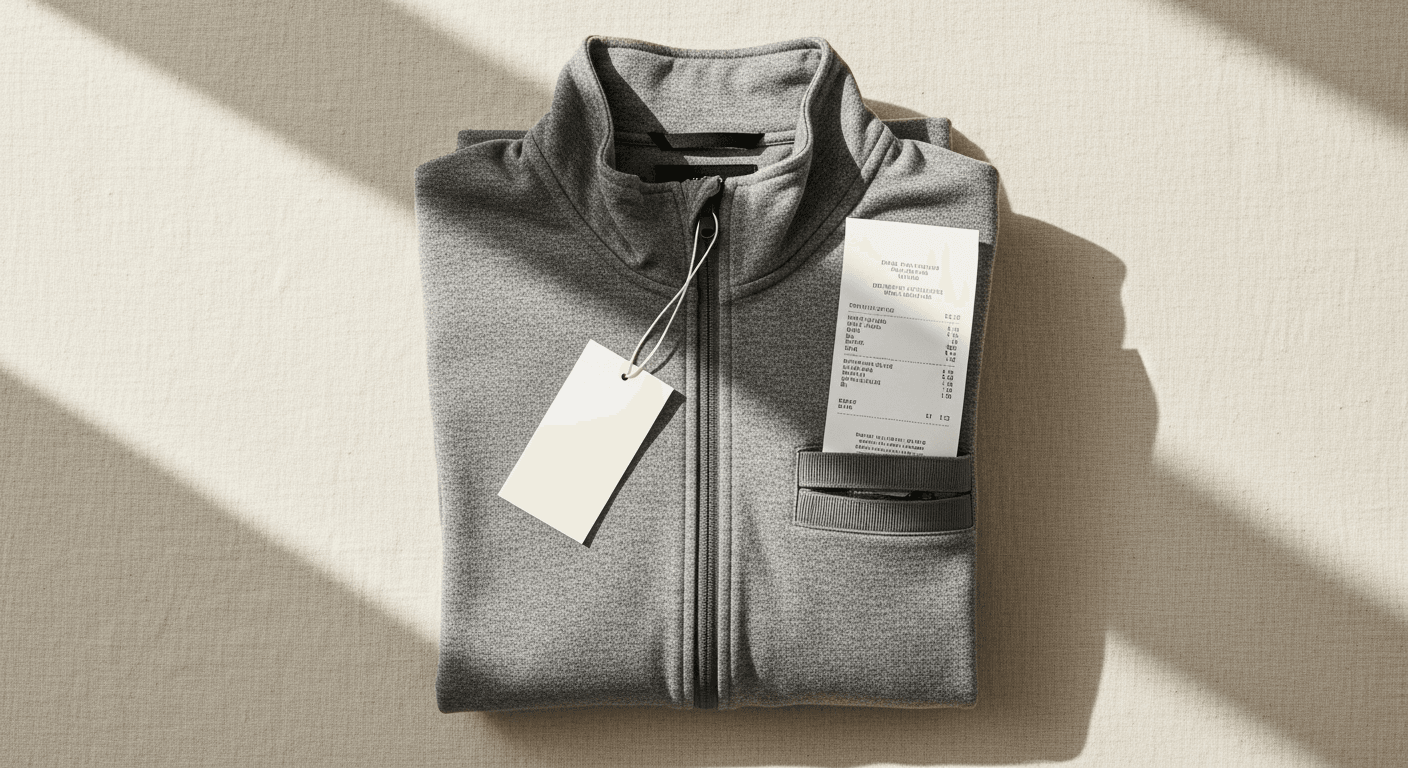 Overhead flat-lay of a folded grey athleisure jacket with hangtag on warm cream linen in golden-hour light.