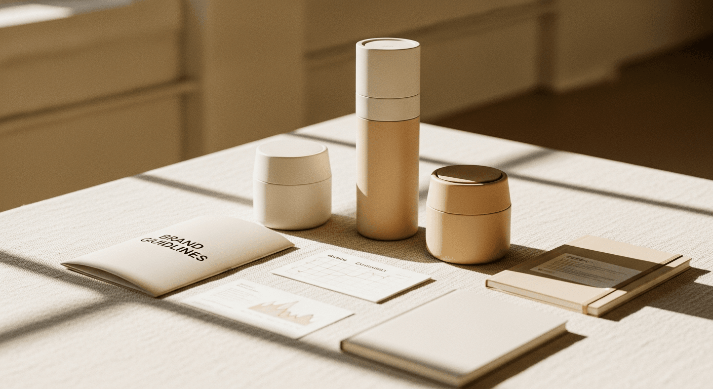 Flat-lay of neutral branded products and notebooks arranged on cream linen with soft golden light.