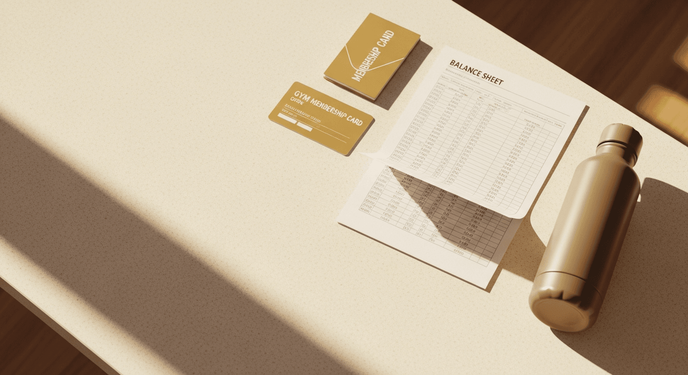 Overhead flat-lay of gym membership card, financial document, and water bottle on a warm cream desk.