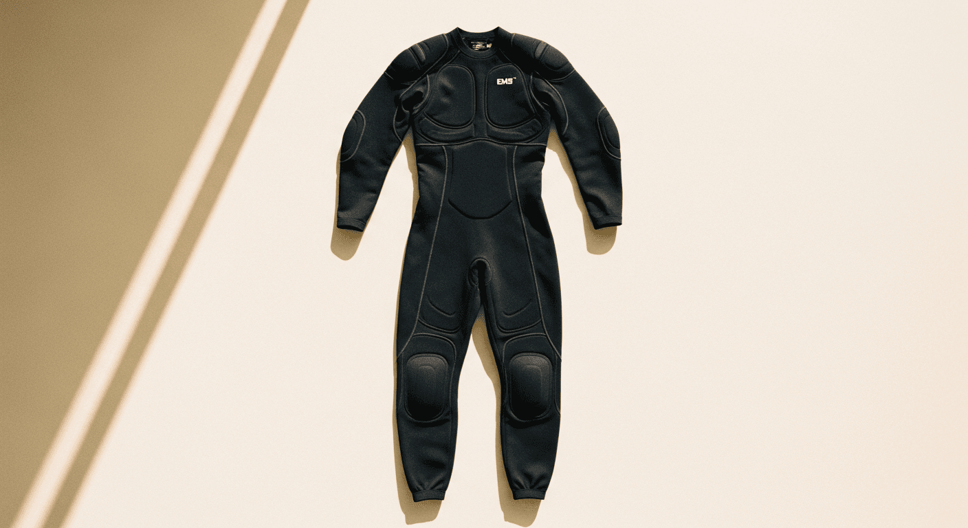 Black EMS training suit laid flat on warm cream background in overhead flat-lay photography.