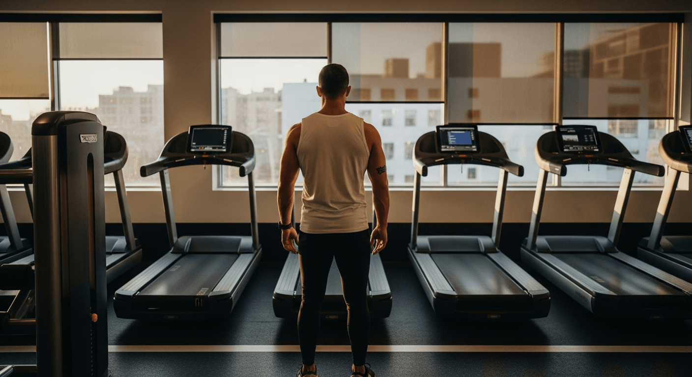 Gym operator stands overlooking fitness floor with printed document, warm golden-hour light filtering through windows.