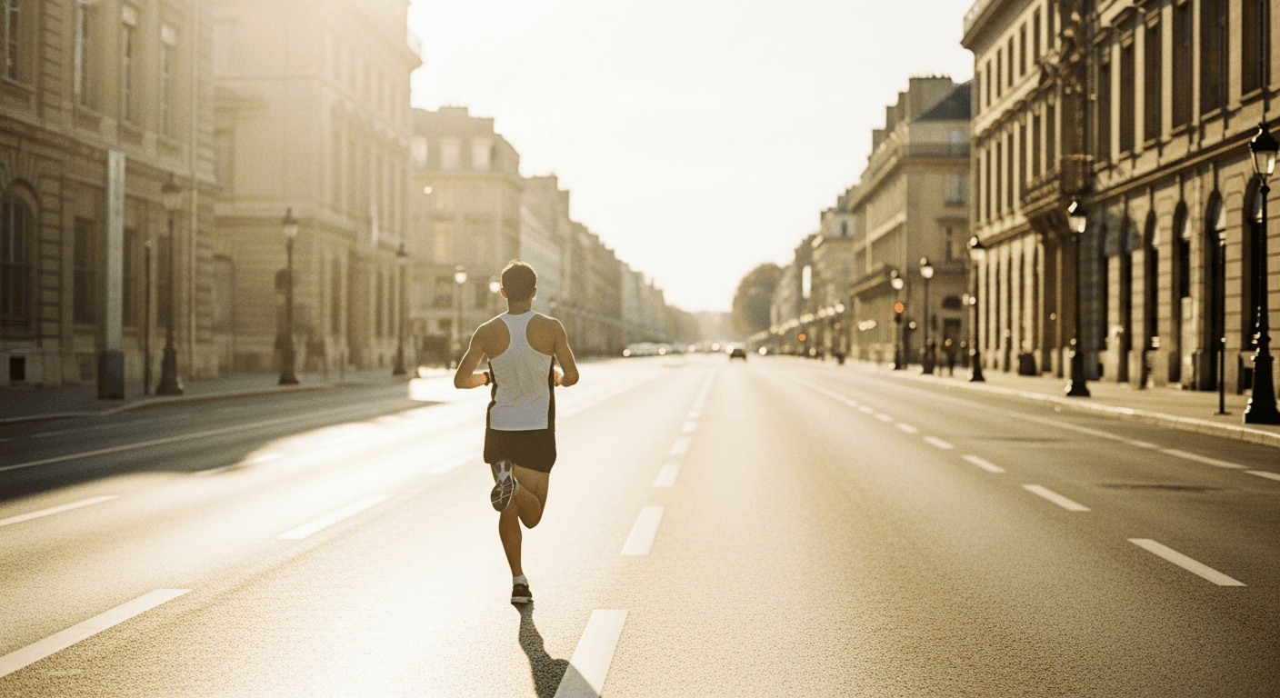 A runner mid-stride on a sun-lit French boulevard lined with classical stone architecture in golden afternoon light.