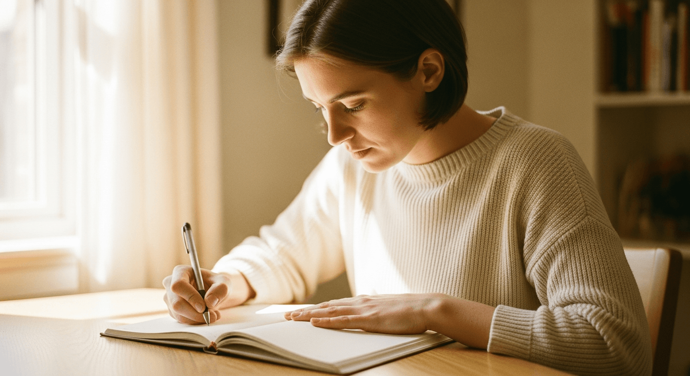 Person seated at desk writing in journal, expression shifting from tension toward calm focus.