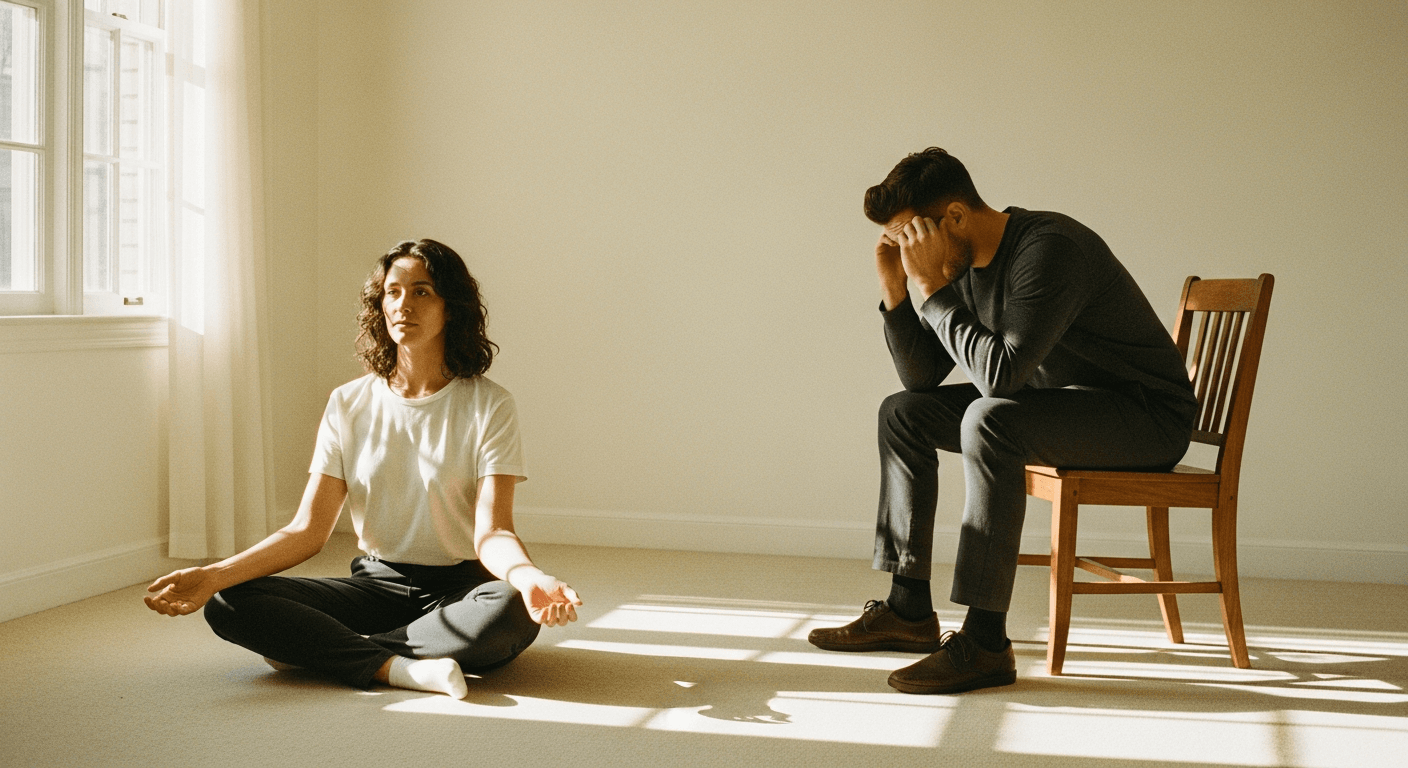 Two people in warm light: a relaxed woman on the left, a tense man on the right.