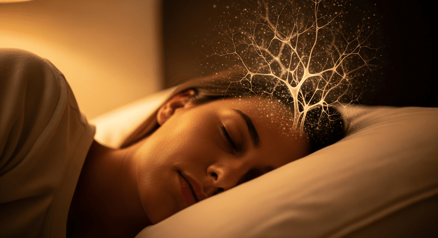 Person sleeping on cream pillow with golden neural filaments glowing softly above their head in warm light.