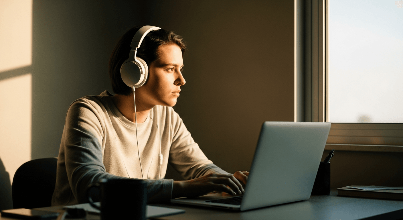Person seated at home desk near window in morning light, posture suggesting both comfort and quiet disconnection.