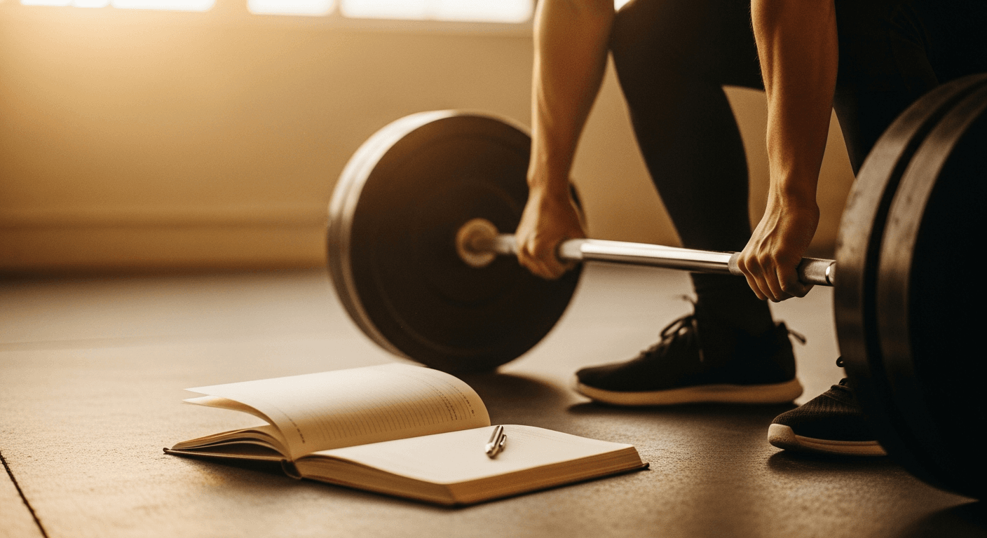 Athlete mid-deadlift with worn training journal on gym floor, bathed in warm golden light.