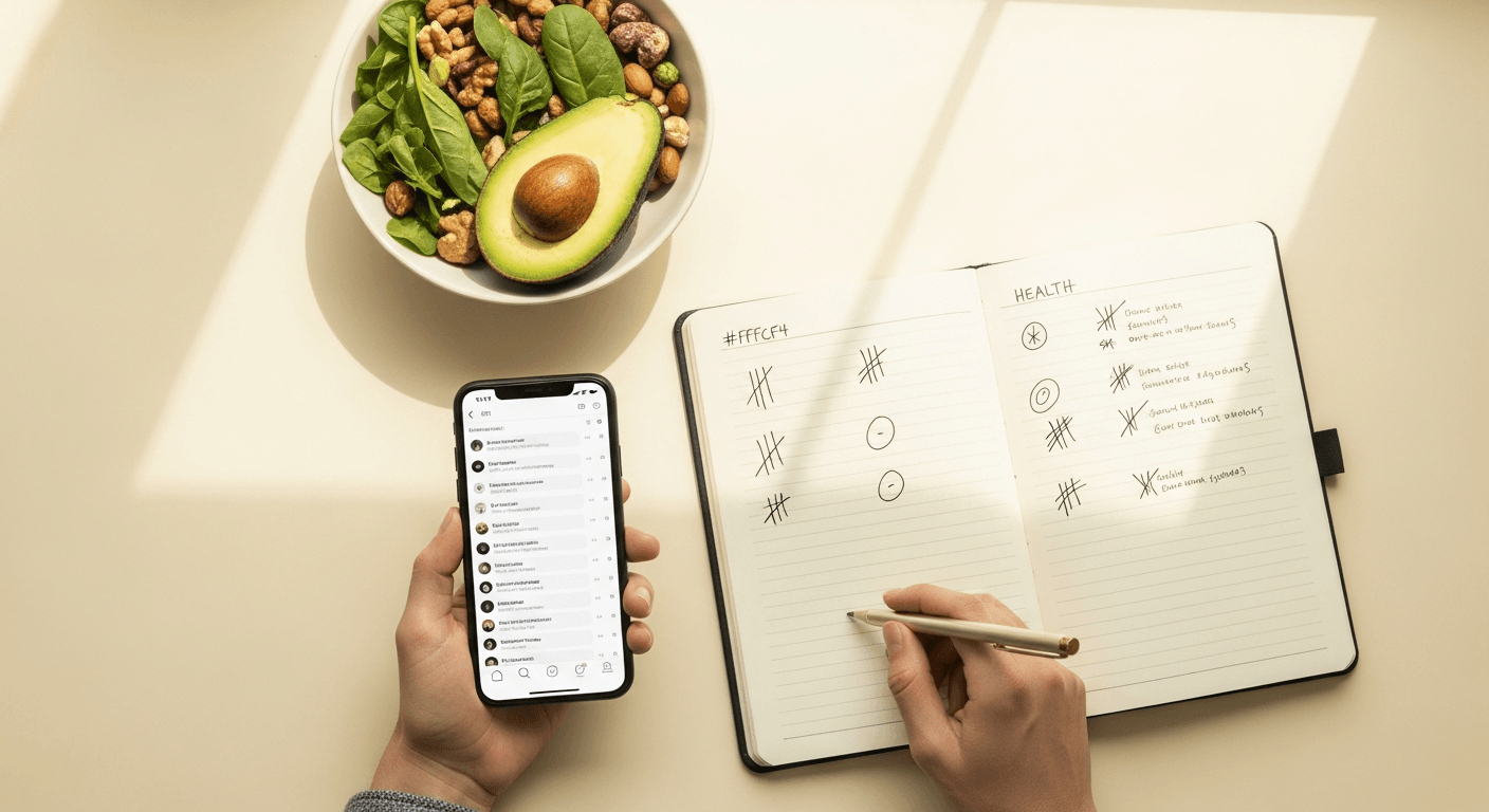 Overhead view of a smartphone and research notebook with tally marks beside whole foods on a warm cream surface.