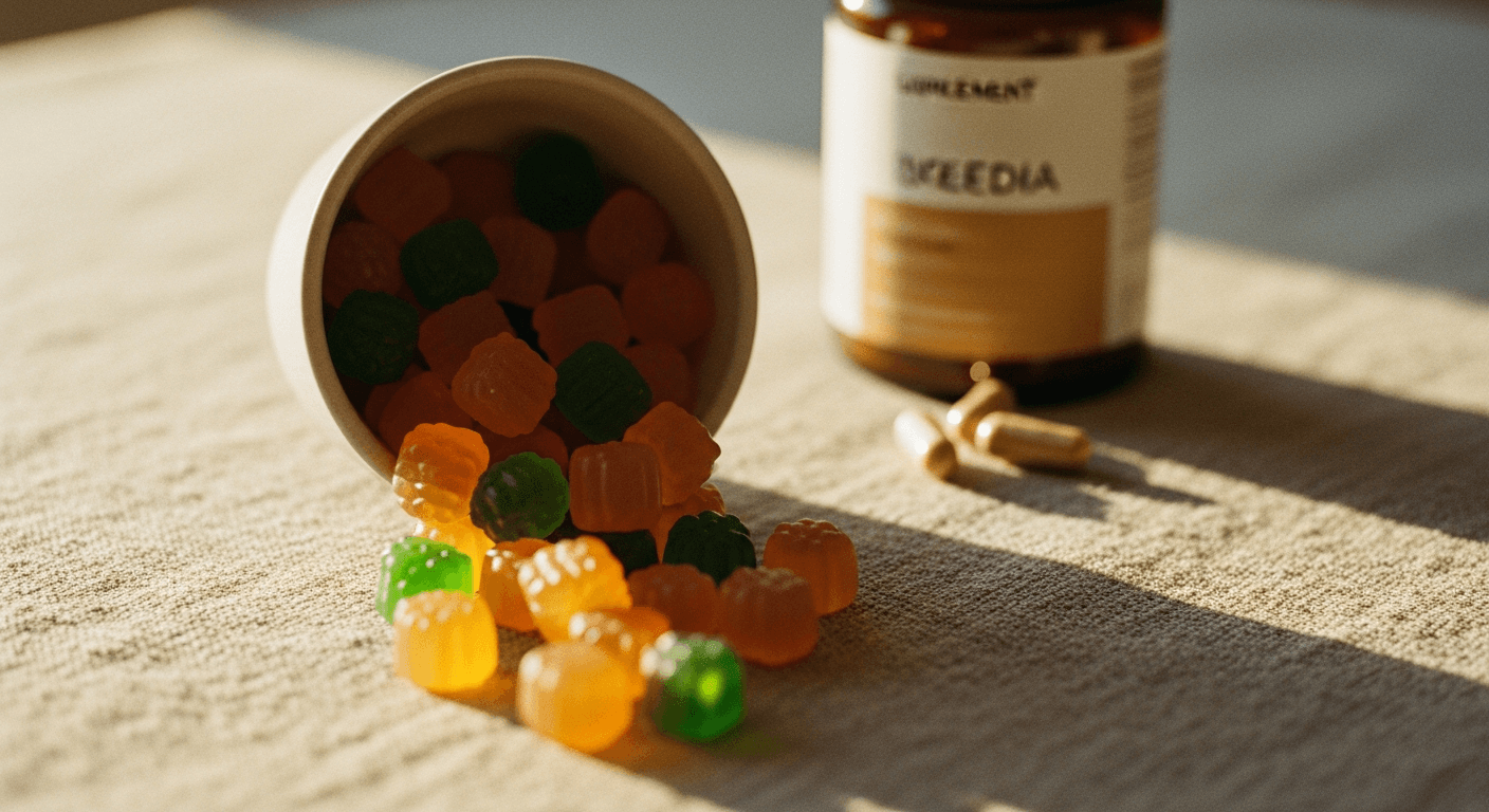 Translucent amber and green gummies spill from a ceramic bowl under warm golden-hour light.