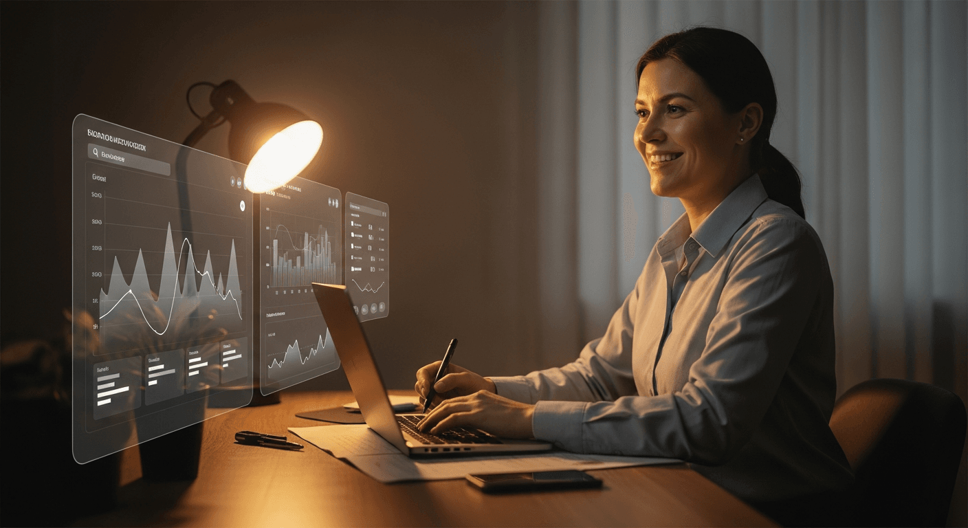 A coach at a modern desk reviews a coaching platform dashboard in warm golden afternoon light.