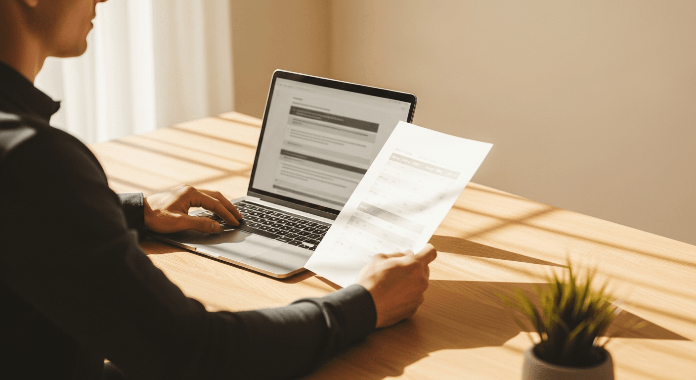 A personal trainer reviews pricing documents at a wooden desk in warm morning light.