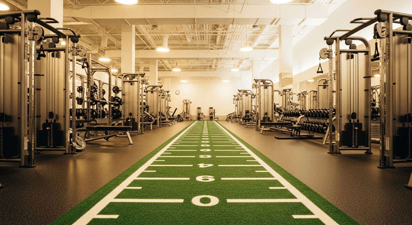 Wide-angle view of a vast empty premium gym floor with symmetrical training lanes and professional equipment.