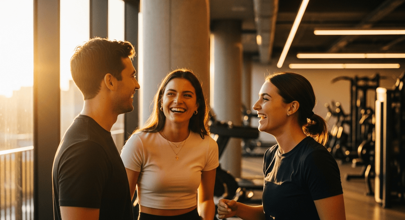 Three young adults laugh together near a window inside a premium gym studio flooded with warm golden light.