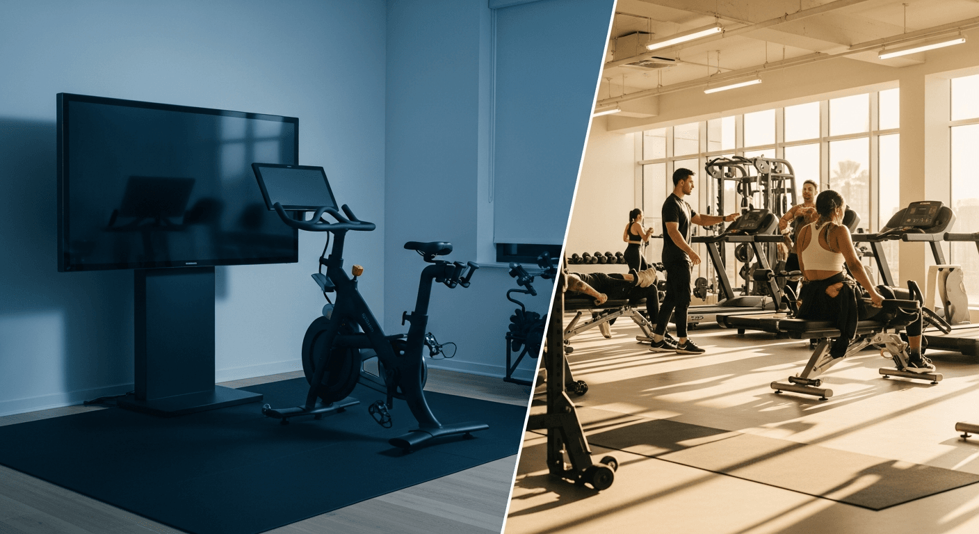 Split-screen comparison: solitary home gym with smart screen and bike on left; bustling commercial gym with trainer and members on right.