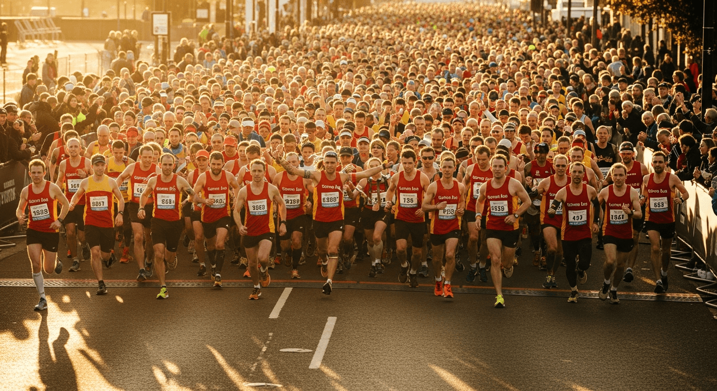 Dozens of runners in red and yellow charity singlets cross a finish line in golden-hour light.