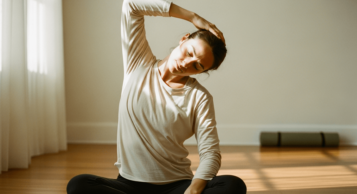 Person seated performing a gentle neck stretch in warm morning light in a minimalist room.