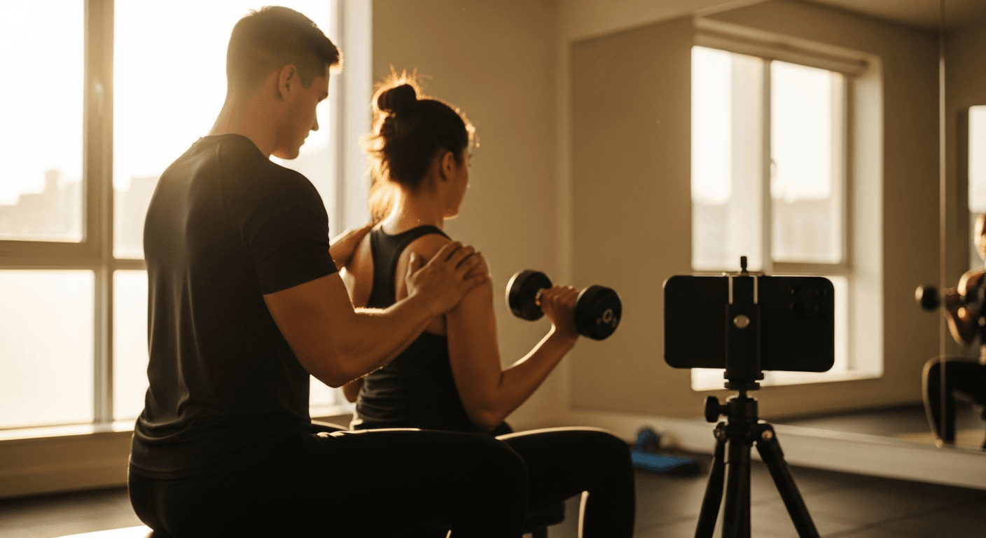A personal trainer guides a client through a dumbbell exercise while a phone in the background records the hybrid training session.