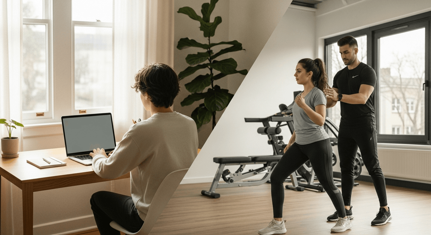 Split-screen comparison of online coaching at home and in-person gym training with a personal trainer.